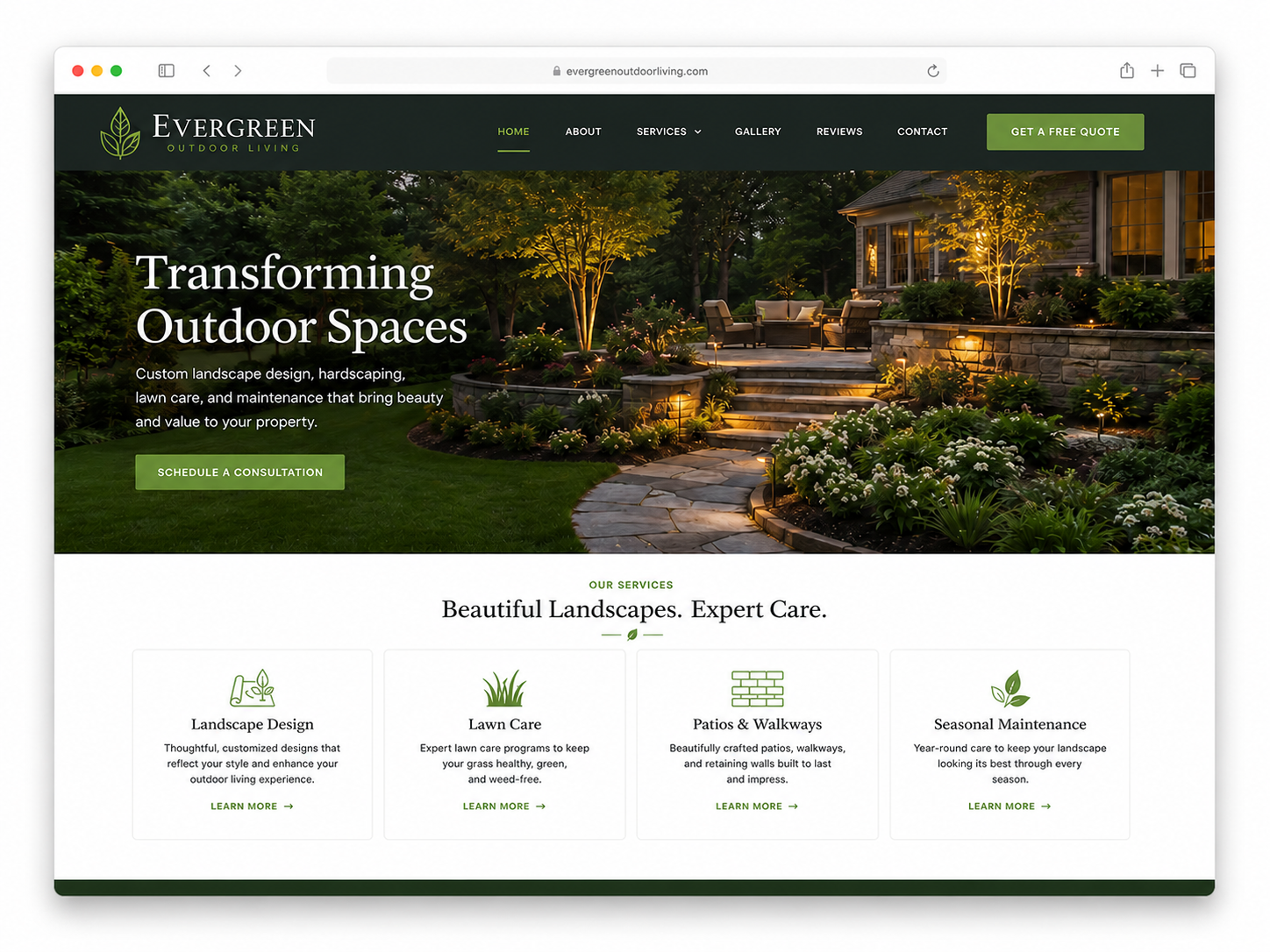 Evergreen Outdoor Living landscaping website displayed in a desktop browser