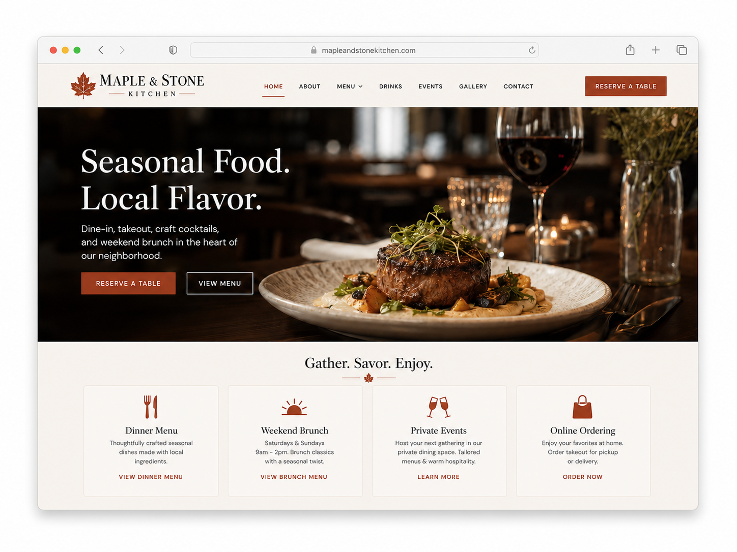 Maple and Stone Kitchen restaurant website displayed in a desktop browser